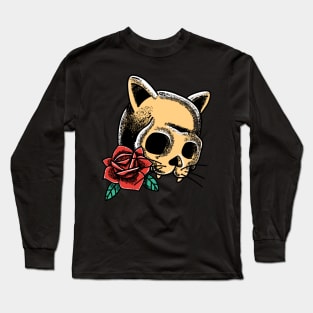 Skull Kitty Cat Tattoo Graphic Long Sleeve T-Shirt